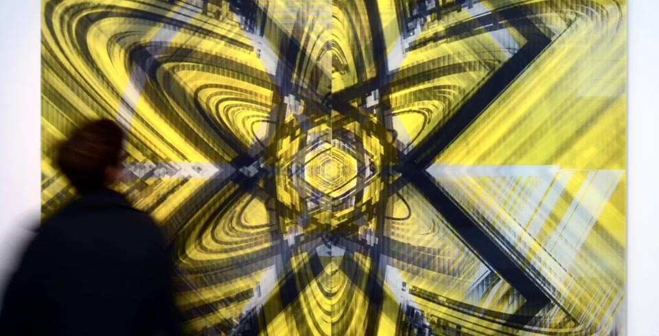 Sign_Xplosion (Atomic!), 2011 (detail) / Lenticular print on yellow plexiglas, 1.80 × 1.80 m (2 panels)