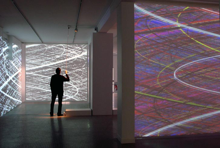 Interactive installation with 4 videoprojectors, each screen: 4 x 3 m, Video software: Claude Micheli, Electronic : Sylvain Belot