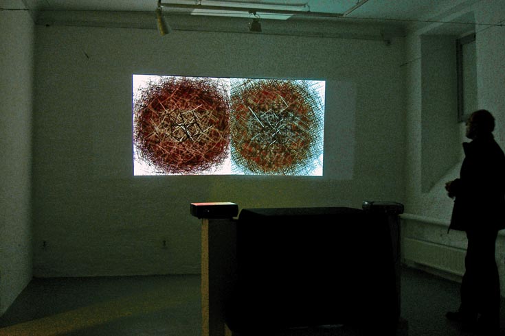 Mikado, 2006 / Artpool, Budapest - HU / Video installation with 2 projectors, Sound track : Thanos Chrysakis, Video software : Claude Micheli