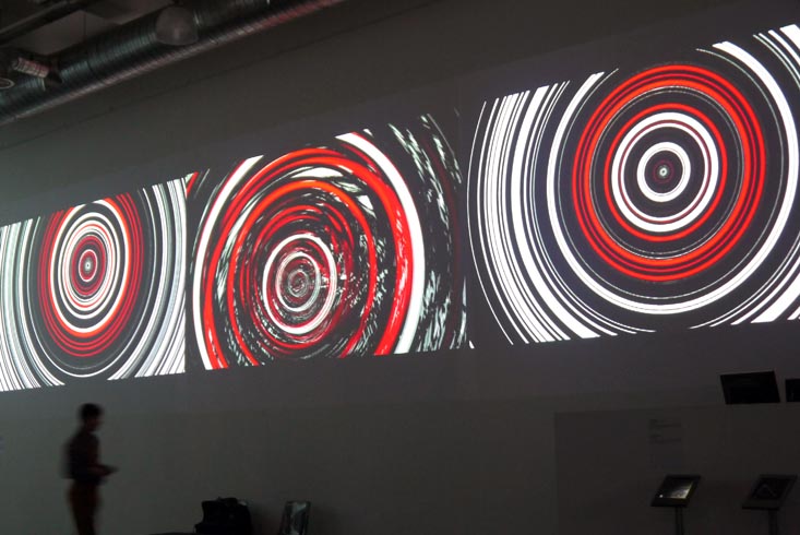 Spin, 2012 / The Central House of Artists, Moscow, RU / 3-screen video installation, 21.00 × 3.75 m, Video software : Claude Micheli