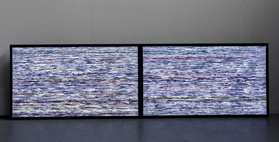 Video installation with two lenticular screens, Video software : Claude Micheli