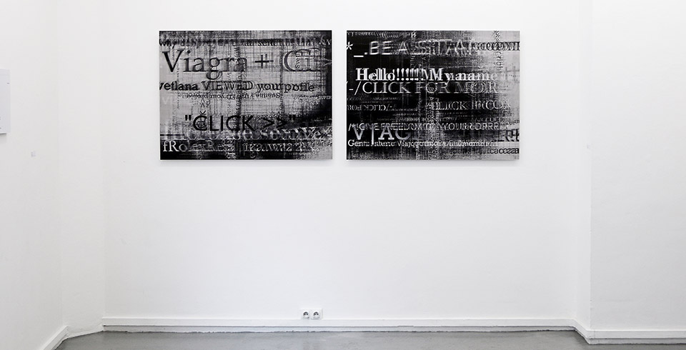 SpamScape (B2) (B6), 2011 / Exhibition view, Société de Service, Plateforme, Paris, 2016 / Lenticular print on aluminum composite, 2 panels, 1.20 × 0.90 m (each)