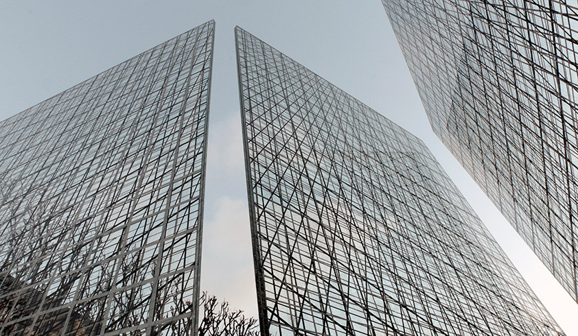 Perspectives Inversées, 2017 / Jardin du Palais-Royal, Paris / Pascal Dombis & Gil Percal (architect) / 3 printed glass panels, 1.20 × 2.80 m (each panel)