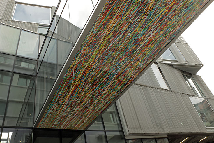 Ligne-Flux, 2016 / Ecole Nationale Supérieure d'Architecture, Strasbourg, FR / Pascal Dombis & Gil Percal (architect) / Foot-bridge under face, printed glass panels, 9.00 × 2.50 m in total