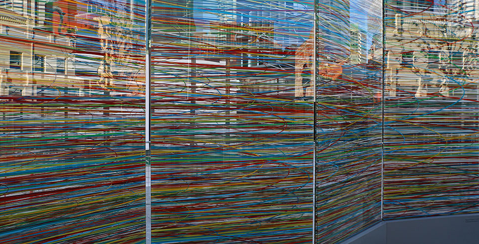Irrational Geometrics, 2016 / Kings Square, Perth, AUS / Pascal Dombis & Gil Percal (architect) / 5 printed glass panels, 6,00 × 2,80 m in total (each panel : 1,20 × 2,80 m)