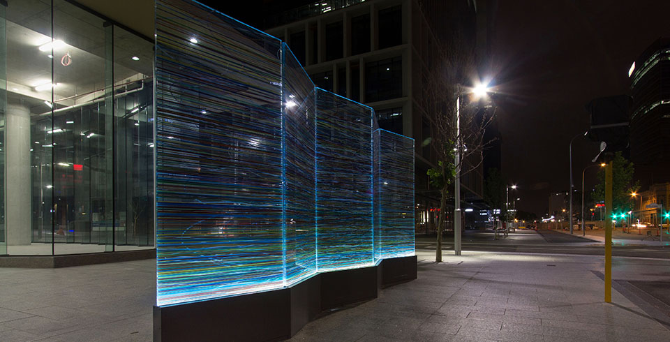 Irrational Geometrics, 2016  / Kings Square, Perth, AUS /Pascal Dombis in collaboration with Gil Percal (architect) / 5 printed glass panels, 6,00 × 2,80 m in total (each panel : 1,20 × 2,80 m)