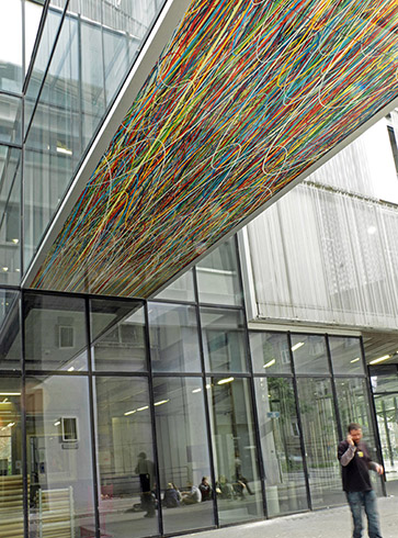 Ligne-Flux, 2016 / Ecole Nationale Supérieure d'Architecture, Strasbourg, FR / Pascal Dombis in collaboration with Gil Percal (architect) / Foot-bridge under face, printed glass panels, 9.00 × 2.50 m in total