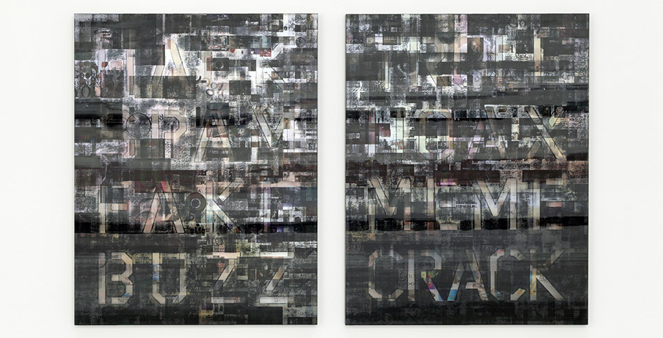 Hack … Crack (Meta-Google), 2017 / Lenticular print on cut black aluminum composite, 2 panels, 0.55 × 0.70 m (each)