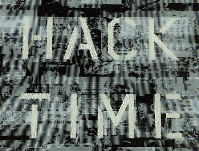 Hack Time (2017) / Ceramic ink on multilayered cracked glass panel, 0.60 x 0.60 m
