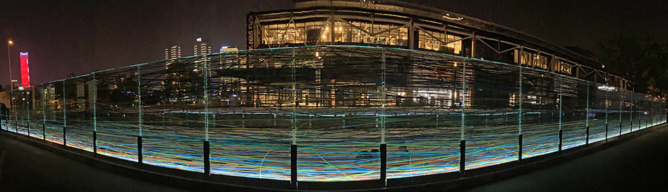 Double Connection, 2020 / Lujiazui Harbour City, Shanghai, CN / Pascal Dombis & Gil Percal (architect) / 2 printed glass structures : 40 x 2 m and 36 x 2 m in total (50 panels : 1,50 x 2 m each)