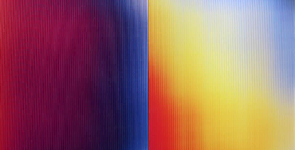 Post-Digital Surface, 2020 / Exhibition view, Chateau d’Aunoy, FR / Lenticular print on aluminum composite, 2 panels, 1.20 × 1.80 m (total)