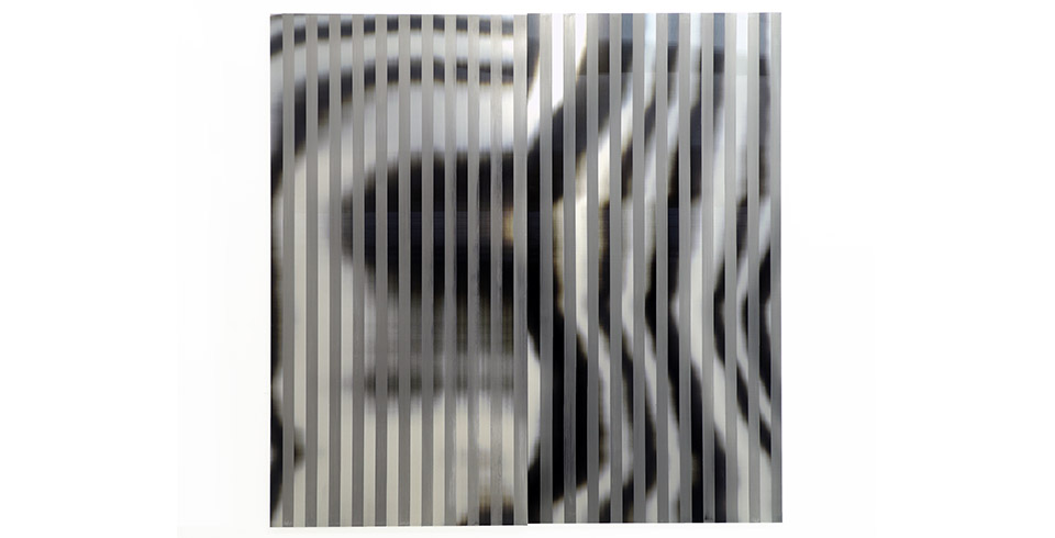 Post-Digital Stripes (X1 X3), 2020 / Varnish on lenticular print on aluminum composite / 2 panels, 1.10 x 2.20 m each / 2.20 x 2.20 m total