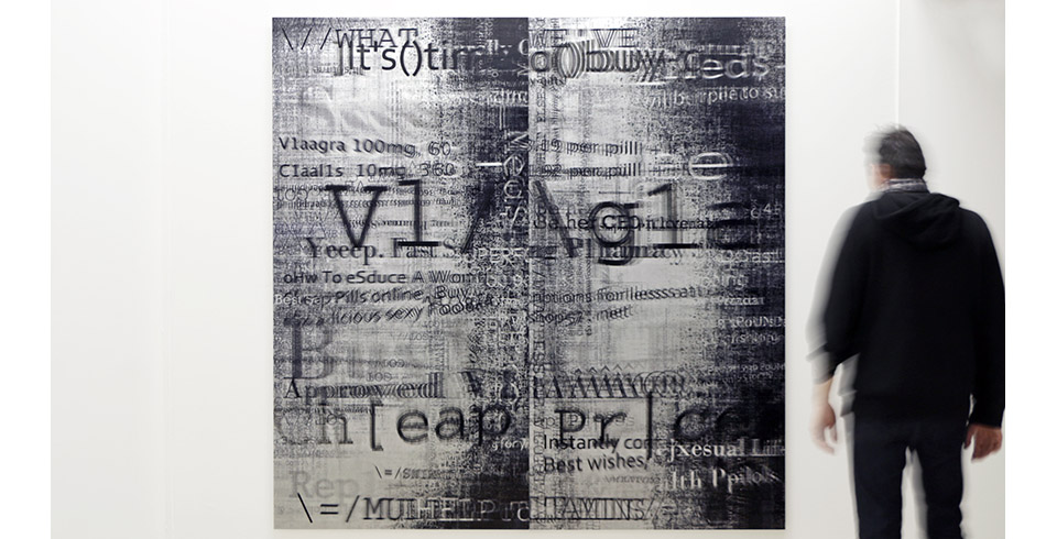 SpamScape, 2012 / Exhibition view, Artistes & Robots, Grand Palais, Paris, 2018 / Lenticular print on aluminum composite, 2.20 × 2.20 m (2 panels)