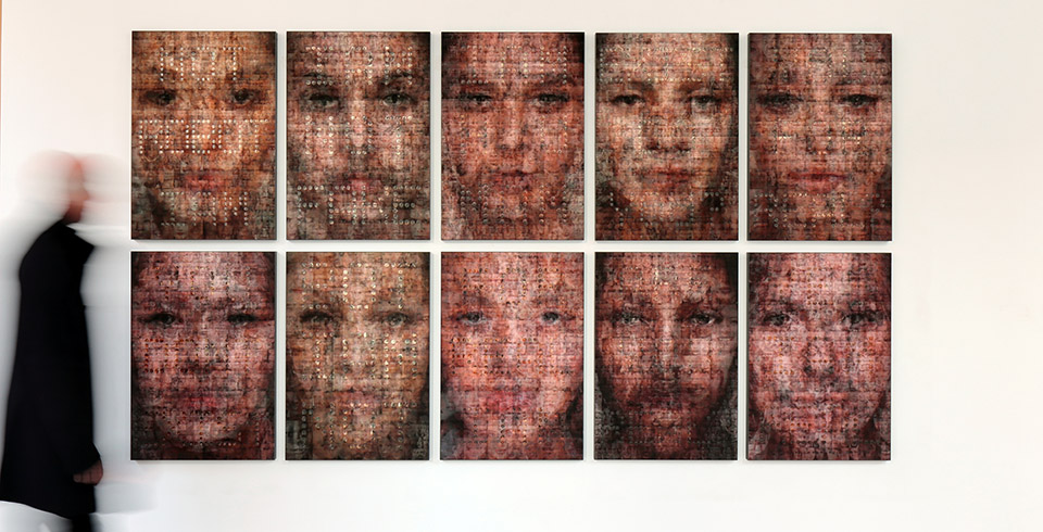 I AM NOT A ROBOT, 2022 / Time Cage exhibition, Galerie Pascal Janssens, Gent, BE / Print installation, Pigment print and acrylic gel on archival paper / 10 panels, 0.55 × 0.80 m each