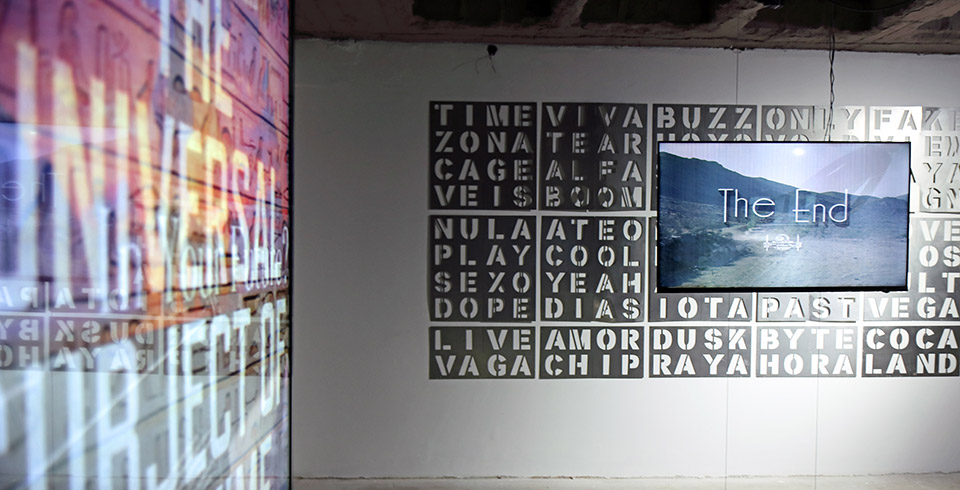 The Ends of Words, 2023 / Exhibition view, Voltaje, 10th edition, Bogotá, Colombia / Cut letter plates & algorithmically composed video installation on 3 screens