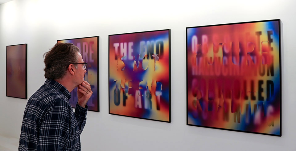 The End Of Art Is Not The End / Bluerider Art, London, UK / Blowtorch burned lenticular, 1.10 x 1.20 m (each)