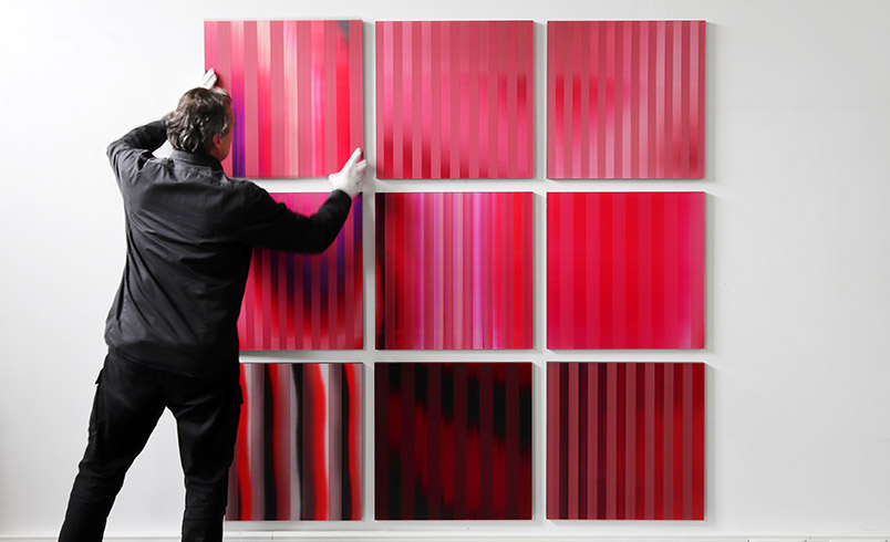 Post-Digital Stripes (Red), 2022 / Varnish on lenticular print, 2.00 × 2.00 m total (9 panels, 0.60 × 0.60 m each)