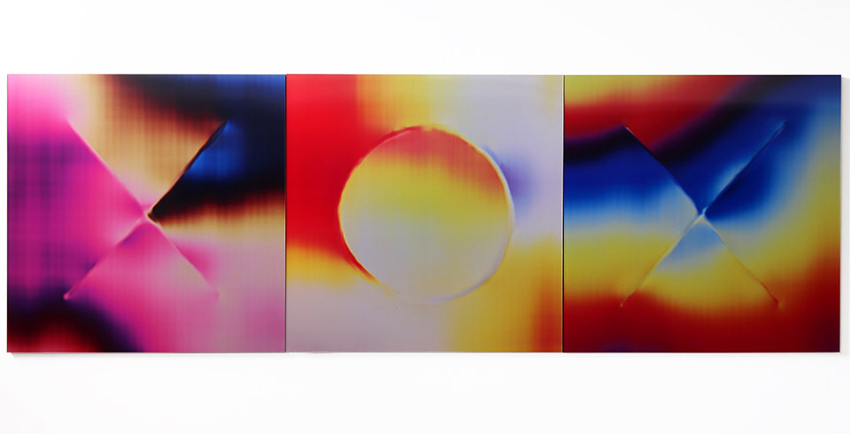 XOX (Post-Digital Burn), 2021, Blowtorch burned lenticular print, 2.70 × 0.90 m (3 panels, 0.90 × 0.90 m each)