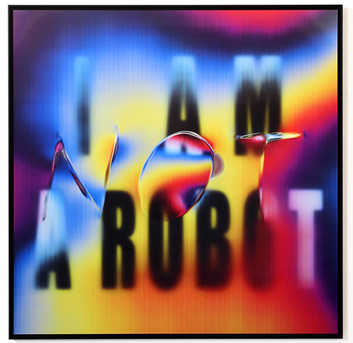 I AM NOT A ROBOT, 2024, Blowtorch burned lenticular print, 1.10 × 1.20 m