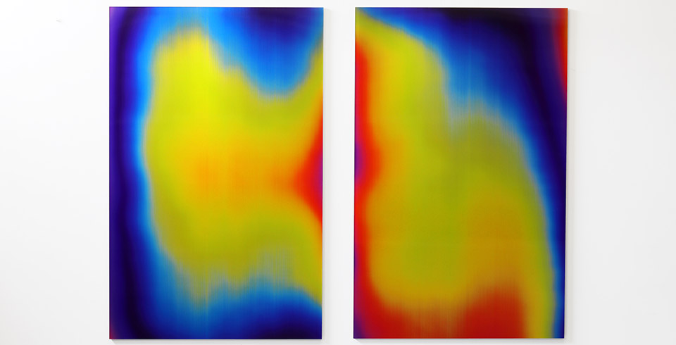 Post-Digital Mirror (Thermal C A8, C A9), 2024, Lenticular print on aluminum composite, 2 panels, 1.10 × 1.80 m (each)