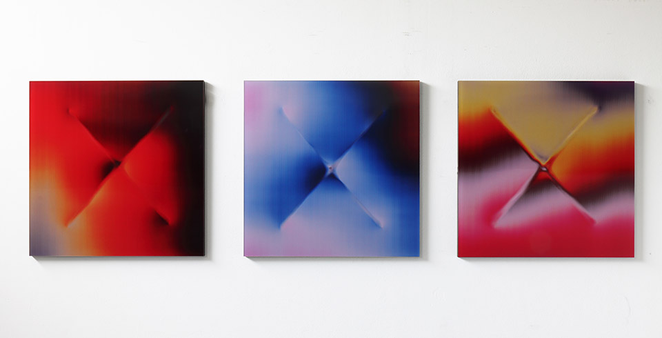 X (Post-Digital Burn) (D12, D13, D14), 2021, detail, Blowtorch burned lenticular print, 0.60 × 0.60 m each panel