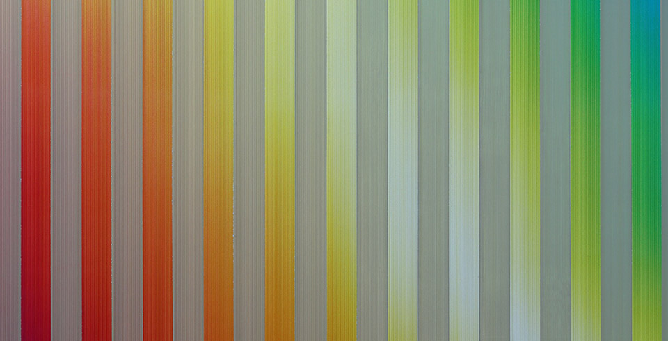 Post-Digital Stripes (C5), 2024, detail / Varnish on lenticular print, 1.10 × 1.80 m