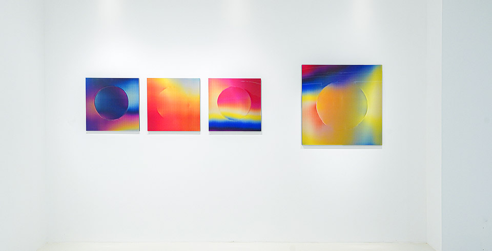 O (Post-Digital Burn), 2021, Blowtorch burned lenticular print, 0.60 × 0.60 m and 0.90 × 0.90 m / EExhibition view, DEJA VU, Bluerider Gallery, Shanghai, 2021
