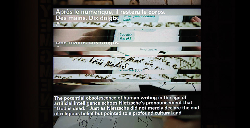 The End of Writing, 2026 / Exhibition view, L'Ososphere, Strasbourg, France, 2026 / Cut letter plates & algorithmically composed video installation on 3 screens / Video software : Claude Micheli