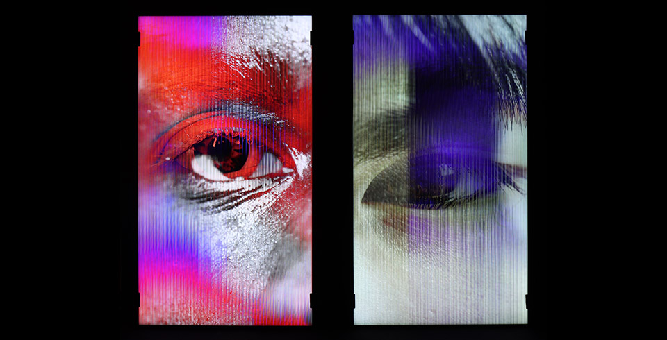 Open/Eye, 2026 / Exhibition view, l'Osophère, Strasbourg, 2026 / Algorithmically composed video installation with 2 lenticular screens,
1.00 x 1.70 m each screen / Video software: Claude Micheli